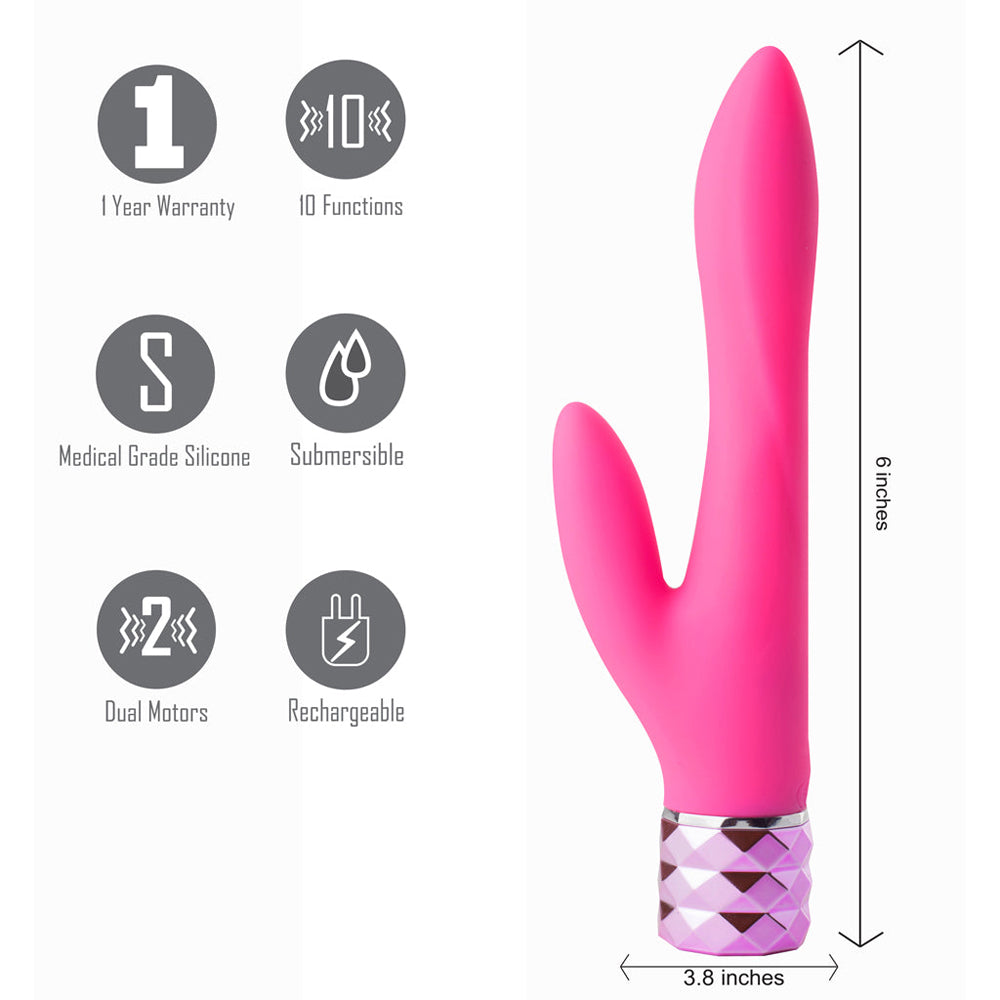 Victoria Crystal Gems USB Rechargable Silicone 10-Function Dual Vibrator Neon Pink