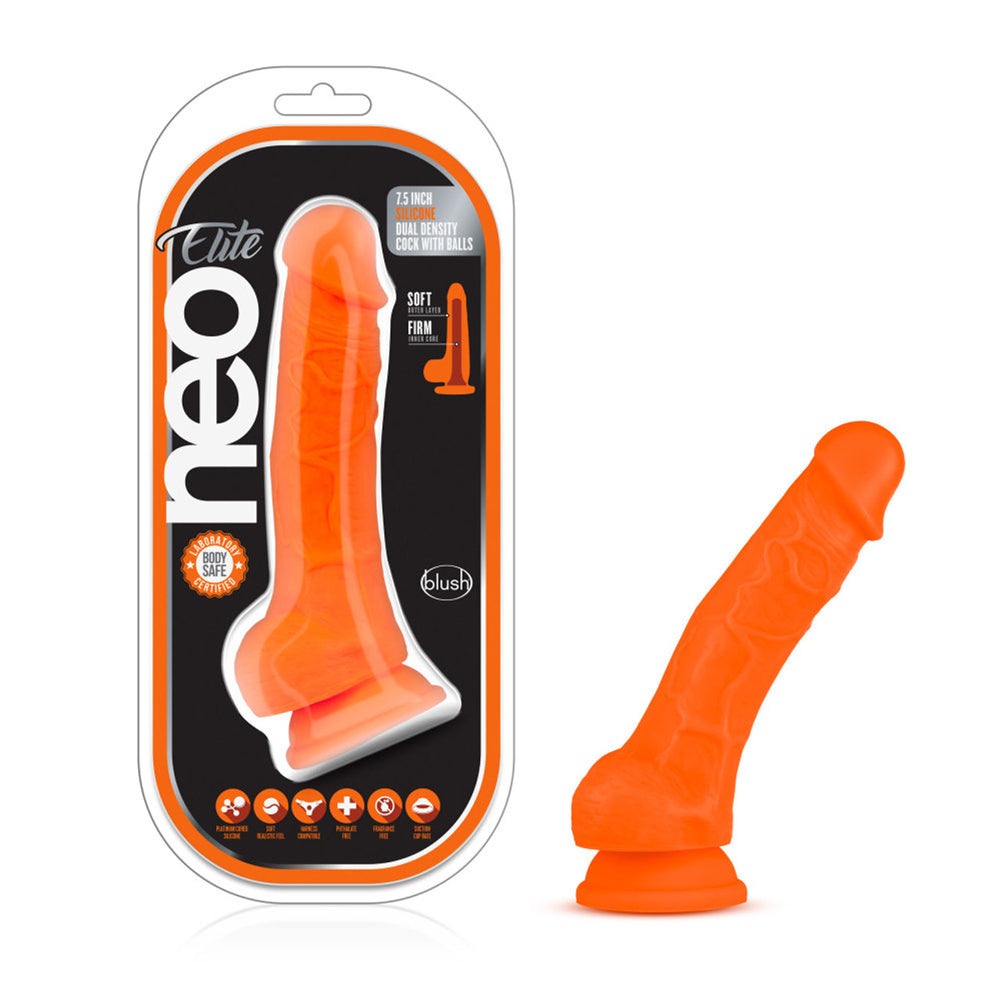 Neo Elite 7.5" Silicone Dual Density Cock With Balls Neon