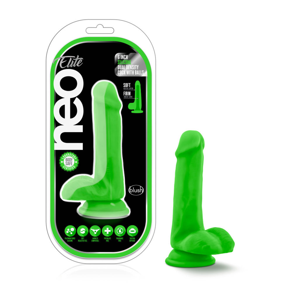 Neo Elite 6" Silicone Dual Density Cock With Balls Neon