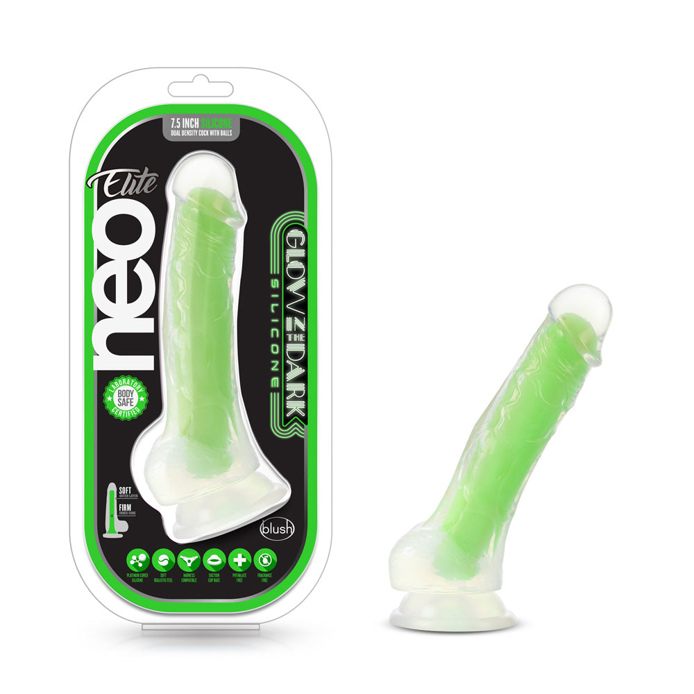 Neo Elite Glow In The Dark 7.5" Silicone Dual Density Cock With Balls Neon