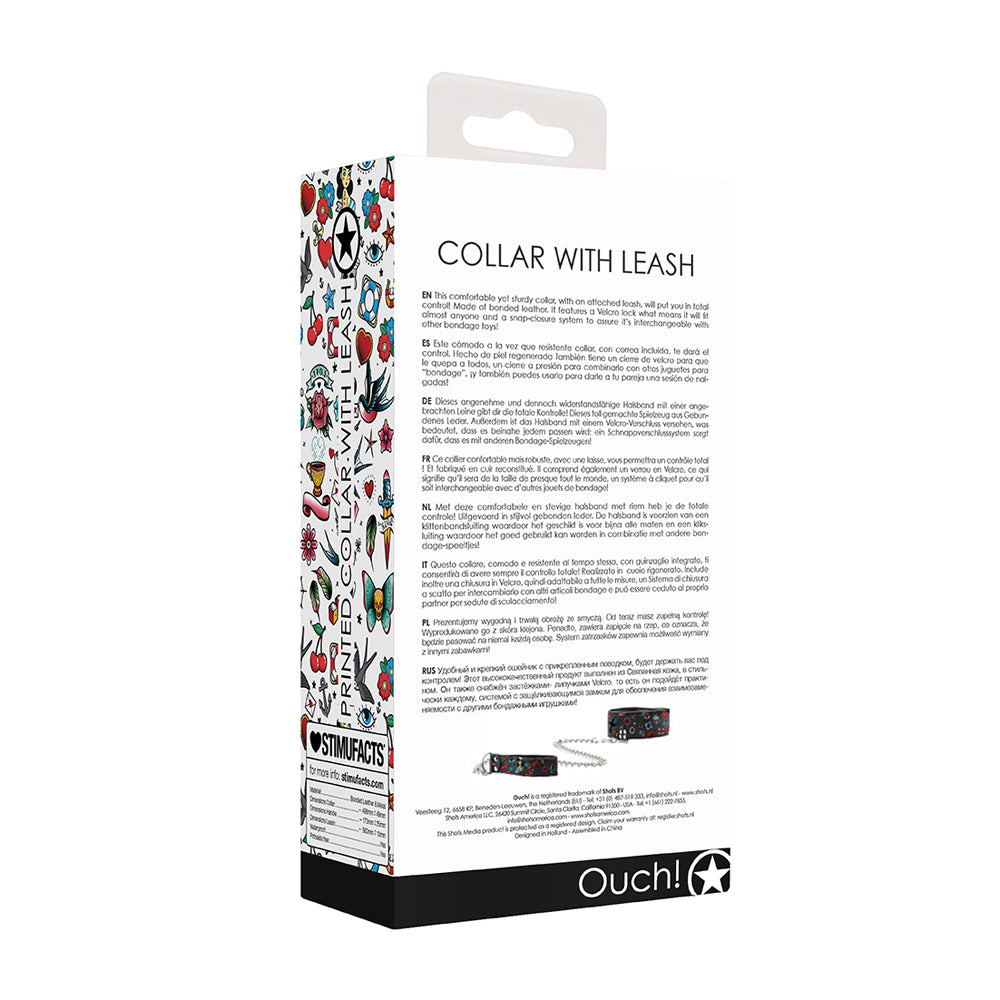 Ouch! Printed Collar With Leash Old School Tattoo Style Black