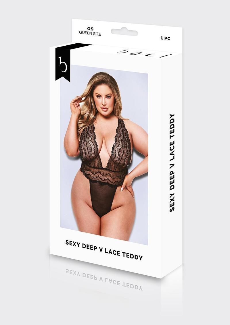 SEXY DEEP V LACE TEDDY - BLACK - Q