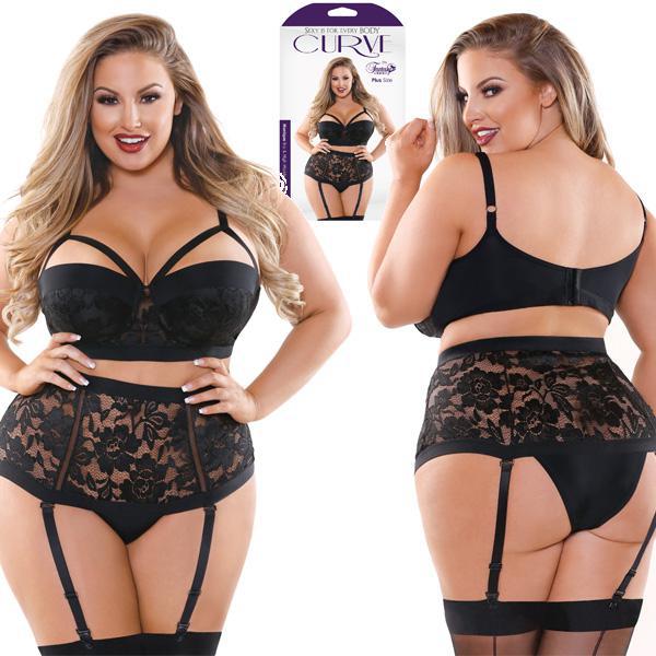 Curve Monique Bra & High Waisted Gartered Panty - 1X/2X Boxed - Temptations