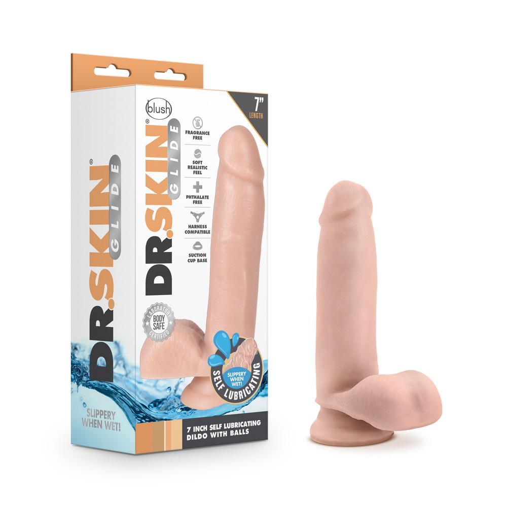 Dr. Skin Glide 7'' Self Lubricating Dildo With Balls Vanilla - Temptations