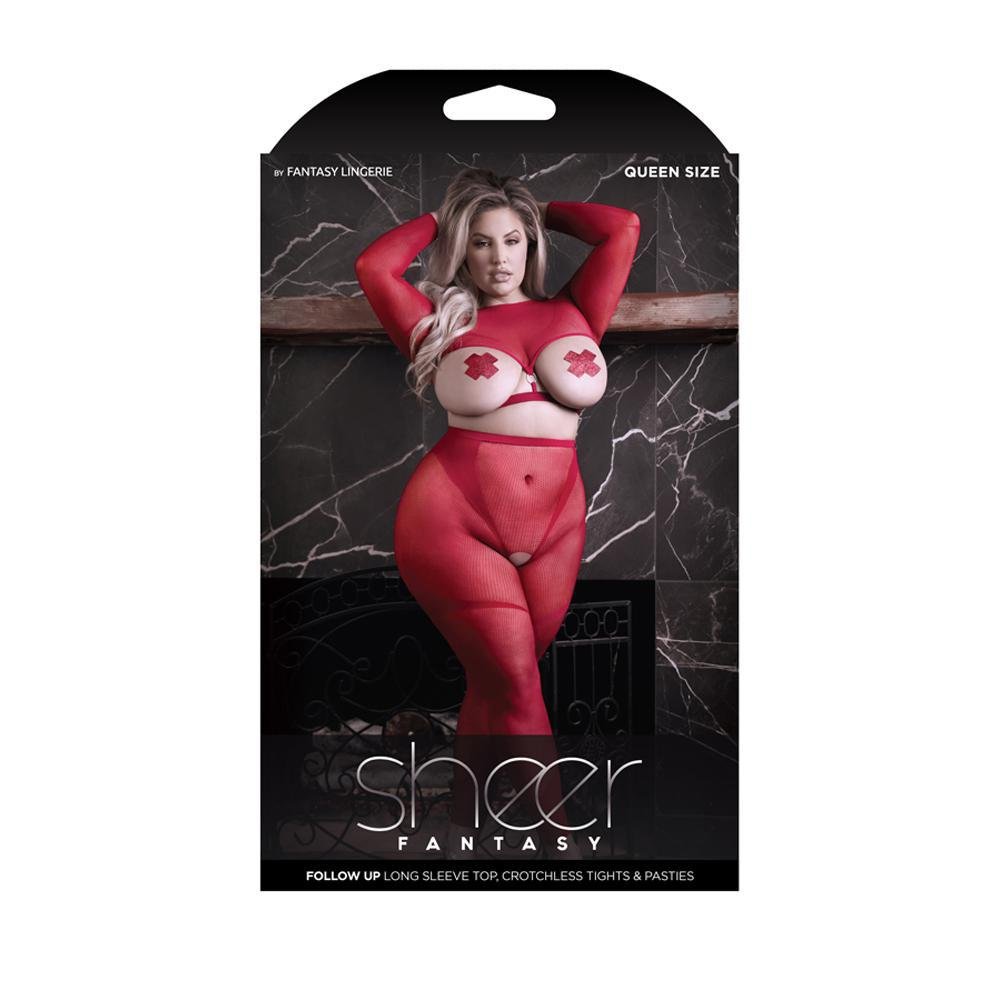 Follow Up Long Sleeve Top, Crotchless Tights & Pasties Queen Size - Temptations
