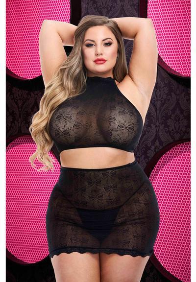 LD ACQUARD CROP TOP & SKIRT SET - BLACK - XL - Temptations