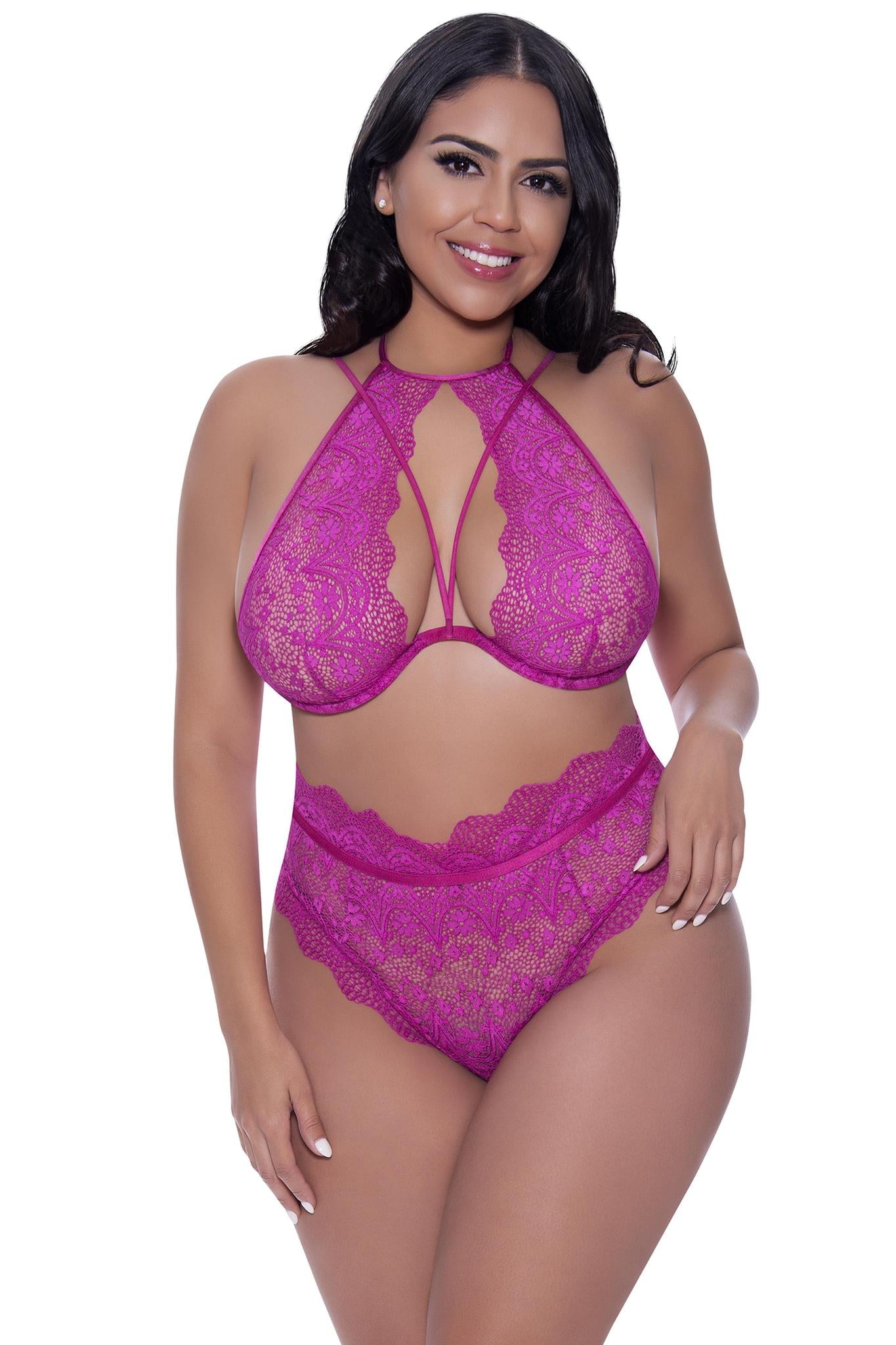 MS Halter & Lace Up Panty Rasbry 2XL - Temptations