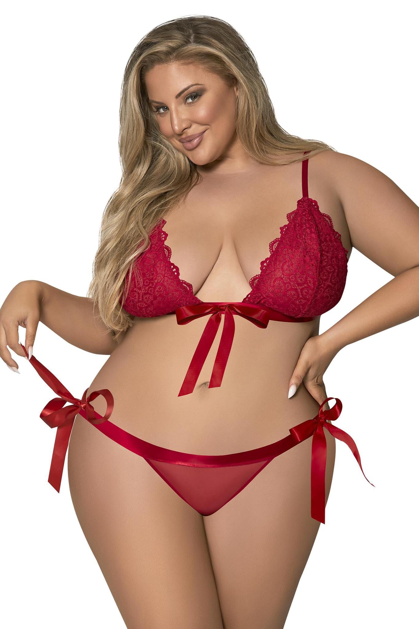 MS RIBBON TIE BRA & PANTY RED L - Temptations