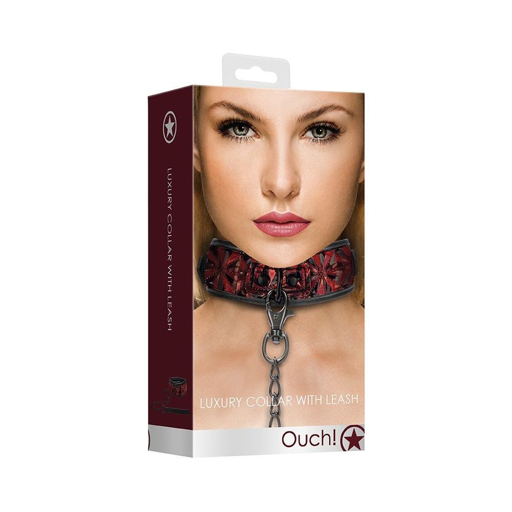 Ouch! Luxury Collar With Leash Burgundy - Temptations