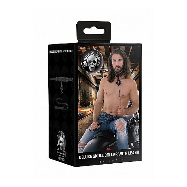 Ouch! Skulls And Bones Neck Chain With Skulls And Leash Black - Temptations
