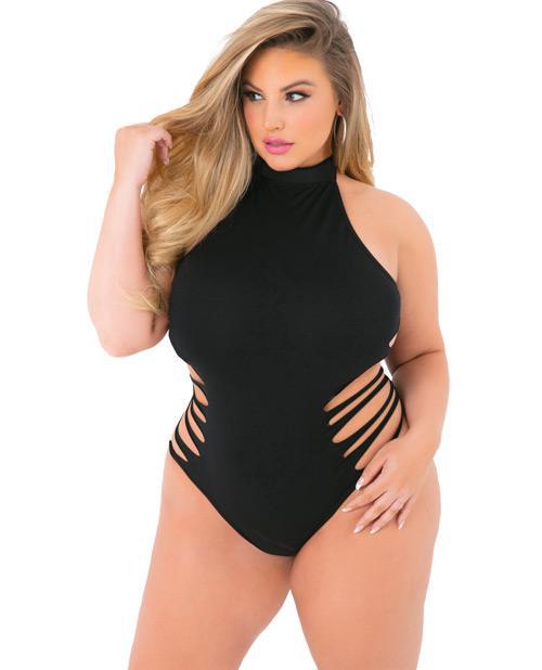 Pink Lipstick Stretchy High Neck Seamless Bodysuit Black QN - Temptations