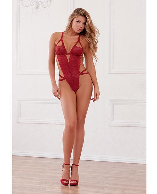 Stretch Lace Teddy w/Open Crotch, Criss Cross Adjustable Straps & G - String Garnet O/S - Temptations