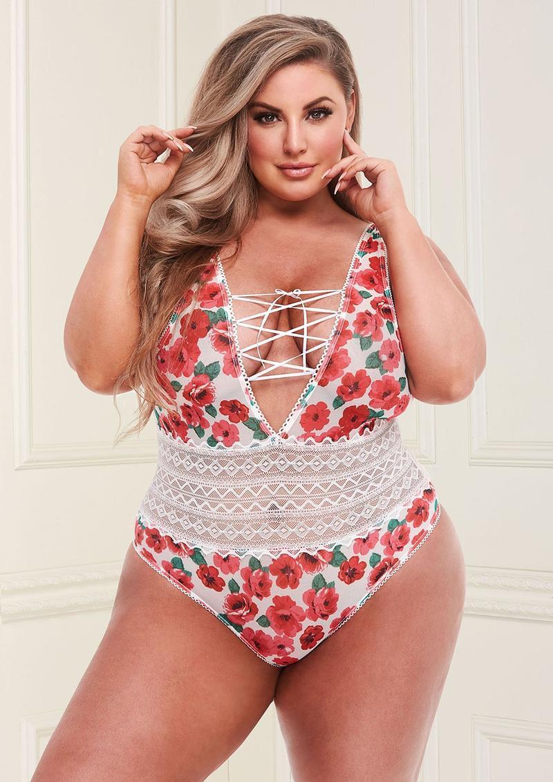 WHITE FLORAL & LACE TEDDY Q