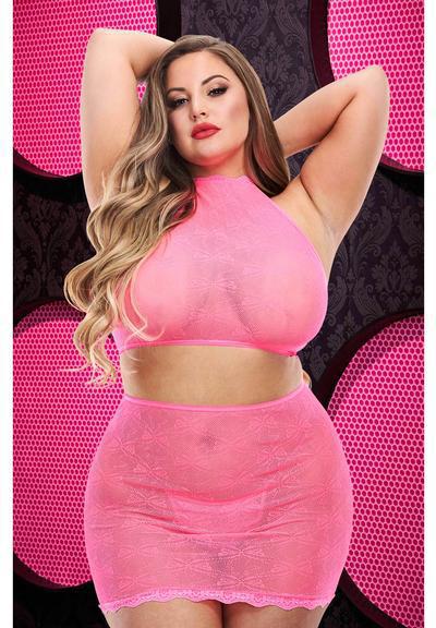 LD JACQUARD CROP TOP & SKIRT SET - HOT PINK