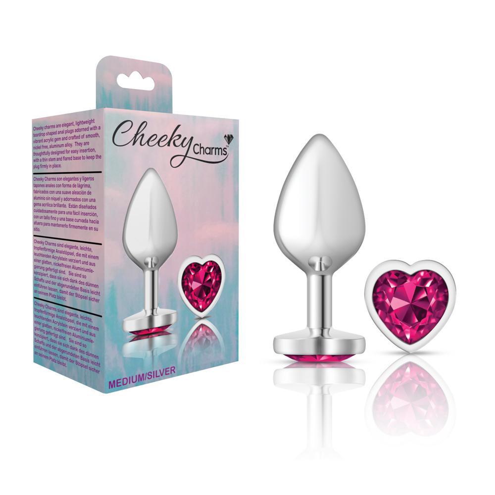 Cheeky Charms Metal Butt Plug Silver Heart Bright Pink Medium