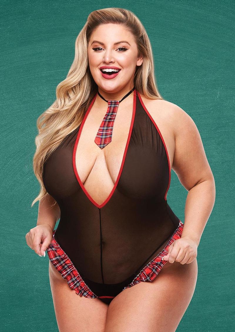 2 PC SEE THRU CROTCHLESS SCHOOLGIRL TEDDY SET - RED - Q - Temptations