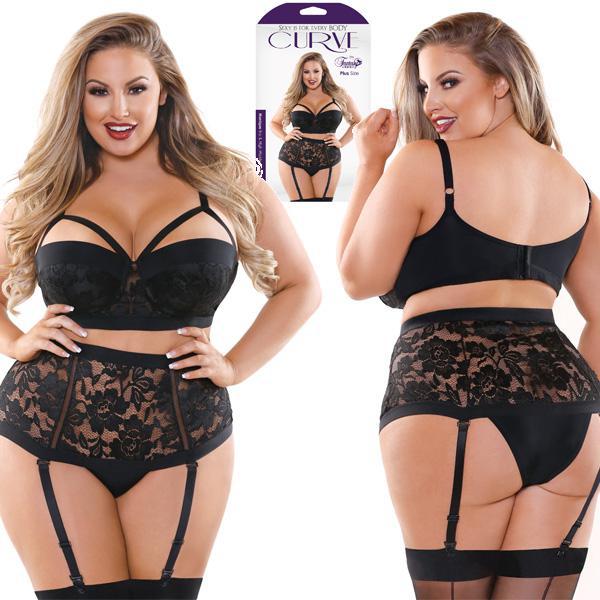 Curve Monique Bra & High Waisted Gartered Panty - 1X/2X Boxed