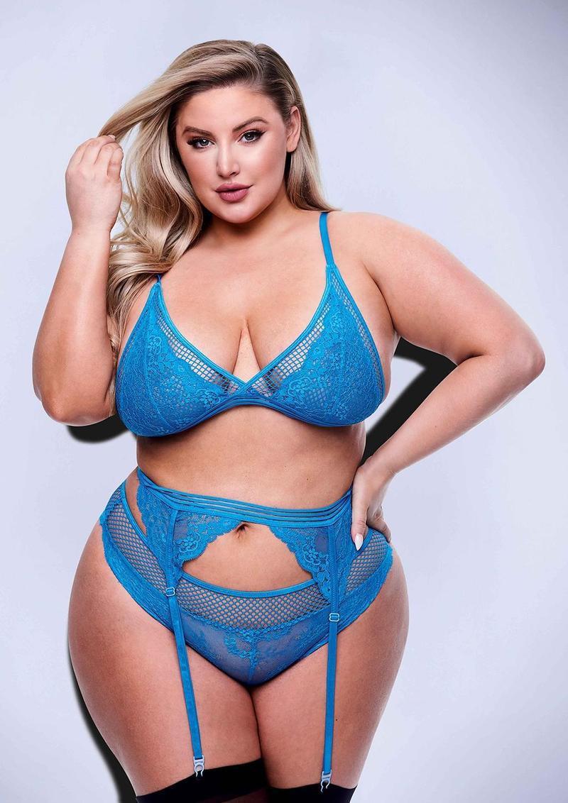 3PC LACE & MESH BRA GARTER PANTY SET - BLU - Temptations