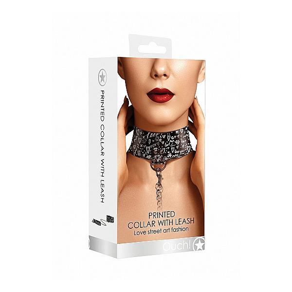 COLLAR WITH LEASH LOVE STREET ART FASION BLACK