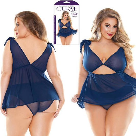 Curve Mavi Shoulder Tie Babydoll And Matching Panty - 1X/2X Boxed