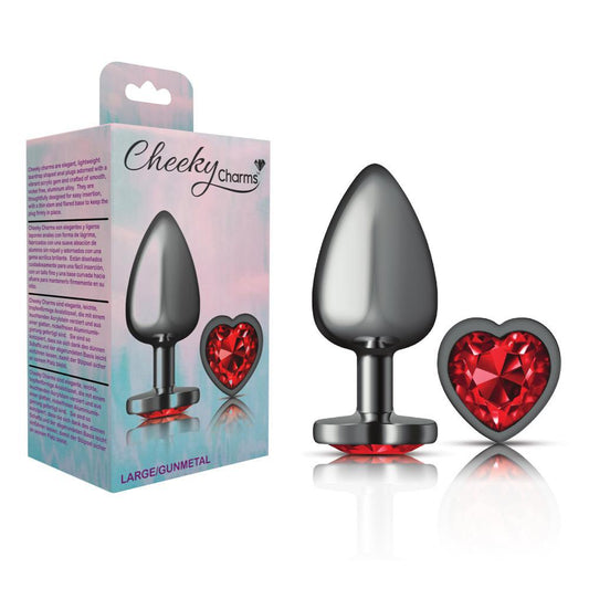 Cheeky Charms Metal Butt Plug Gunmetal Heart Deep Red Large