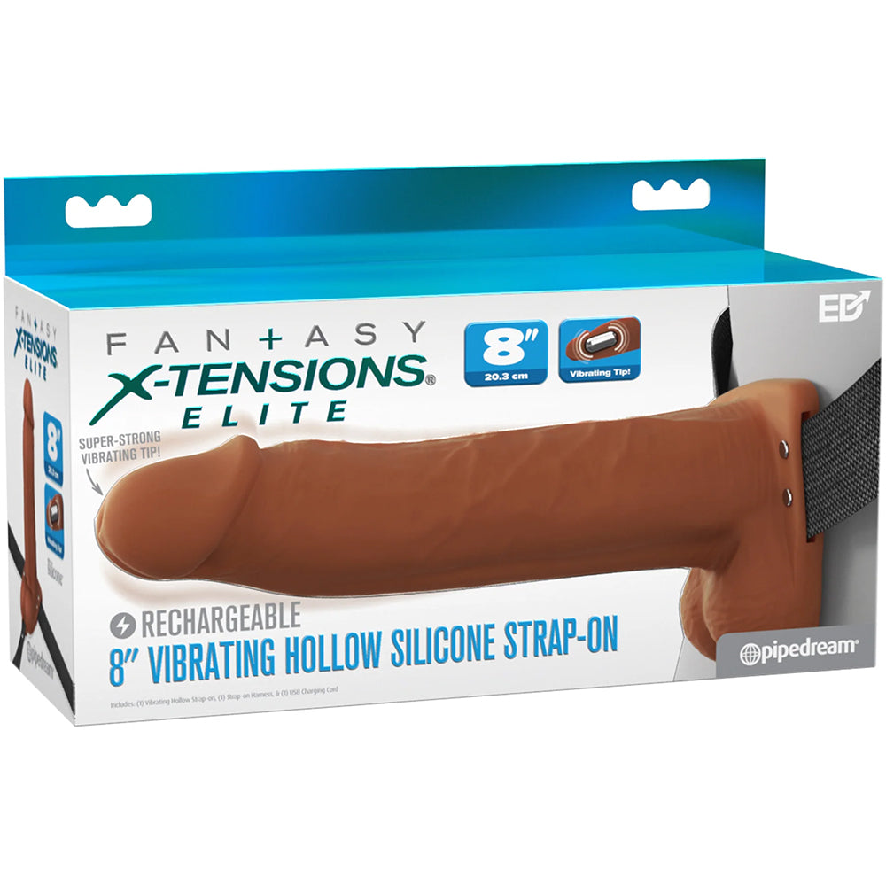Fantasy X-Tensions Elite Vibrating 8" Silicone Hollow Strap-On Dual Density Brown