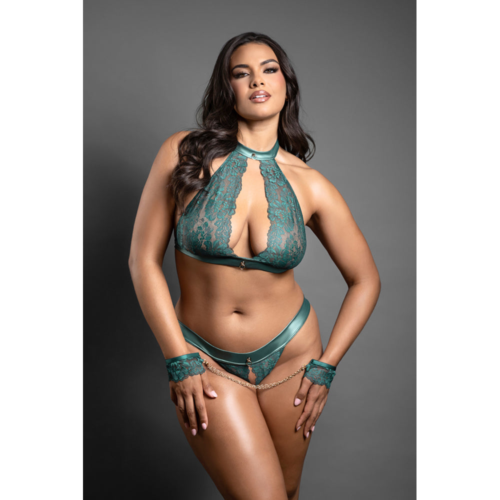 Queen Keyhole Halter Bralette, Open Panty & Handcuffs Queen Size