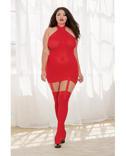 Sheer Dress w/Lace Trim, Attached Garters & Thigh High Stockings (Thong Not Included) Red QN