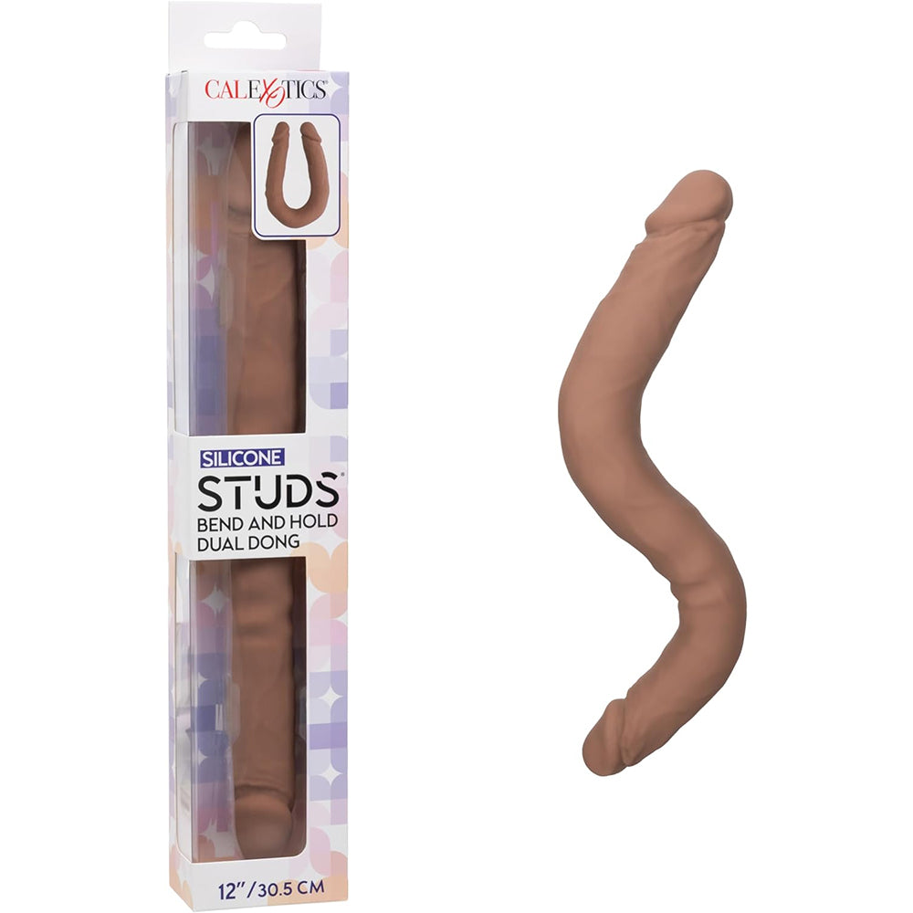 Silicone Studs Bend And Hold Dual Dong 12" Brown