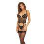 Bombshell Boudoir Lace & Mesh V Wire Corset w/Garters & G-String Black LG