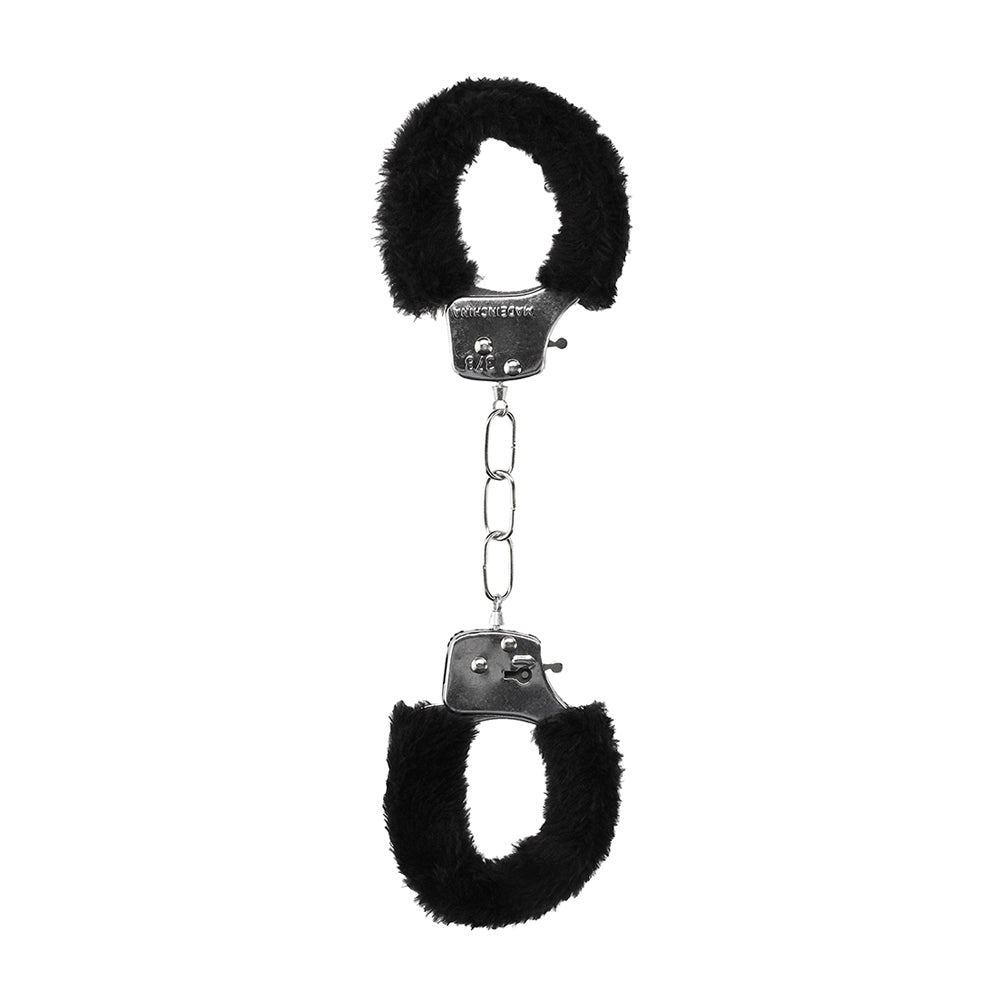 Ouch! Black & White Beginner's Furry Hand Cuffs With Quick Release Button