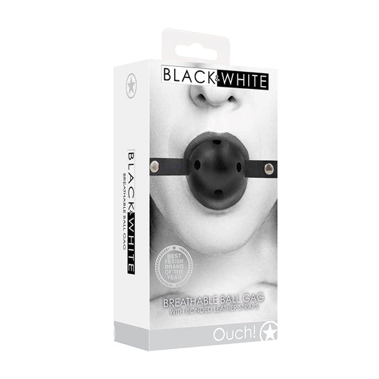 Ouch! Black & White Breathable Ball Gag With Bonded Leather Straps