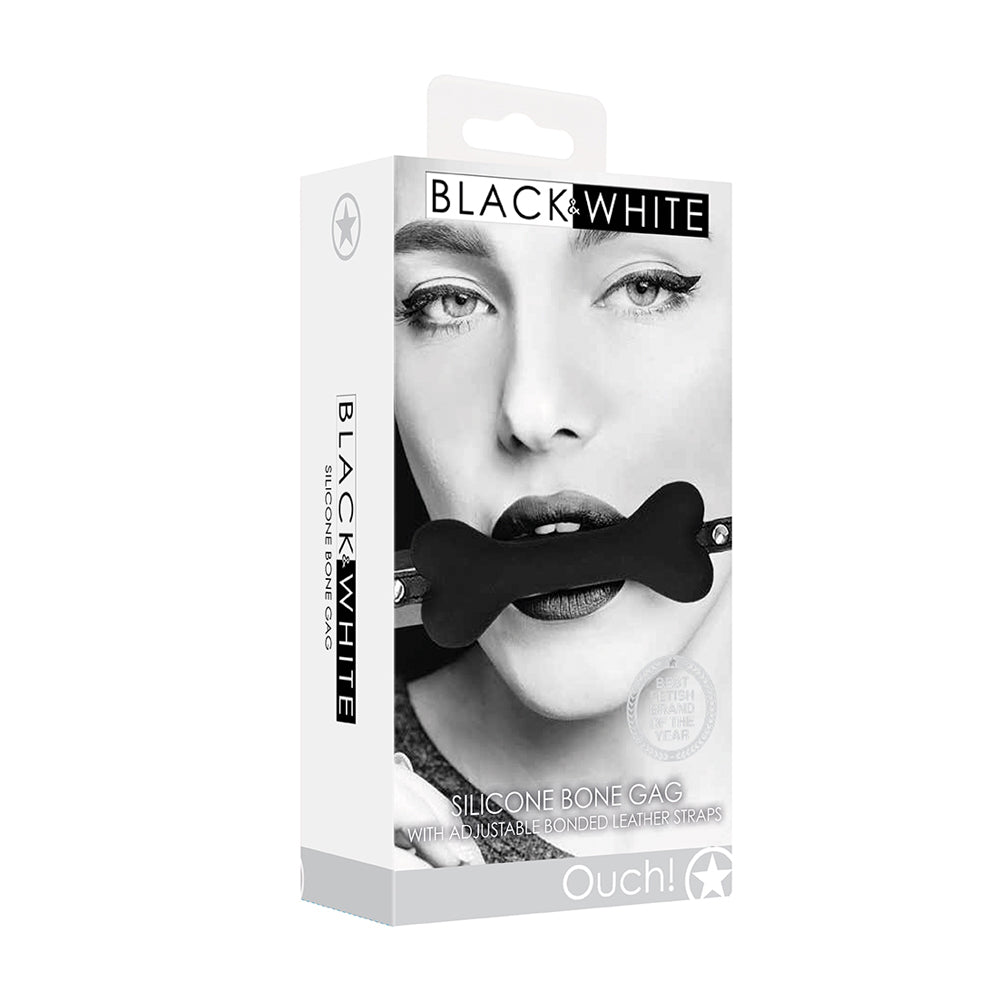 Ouch! Black & White Silicone Bone Gag With Adjustable Bonded Leather Straps