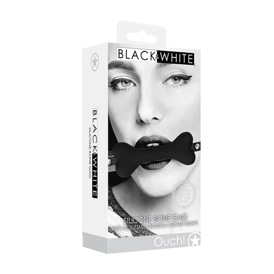Ouch! Black & White Silicone Bone Gag With Adjustable Bonded Leather Straps