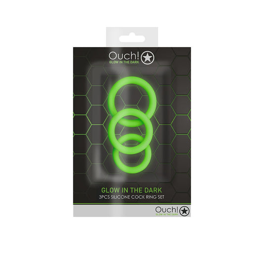 Ouch! 3 Pcs Cock Ring Set Glow In The Dark