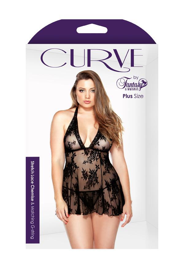 Stretch Lace Chemise & Matching G-String - Black - 3X/4X Boxed