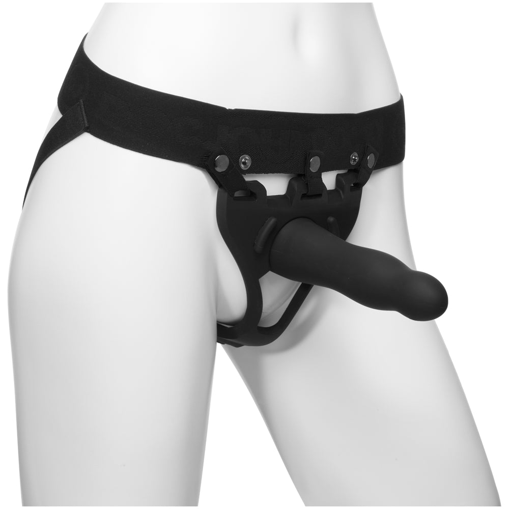 Body Extensions Be Daring 2-Piece Set Silicone Harness with 7" Bulbed Dong Black