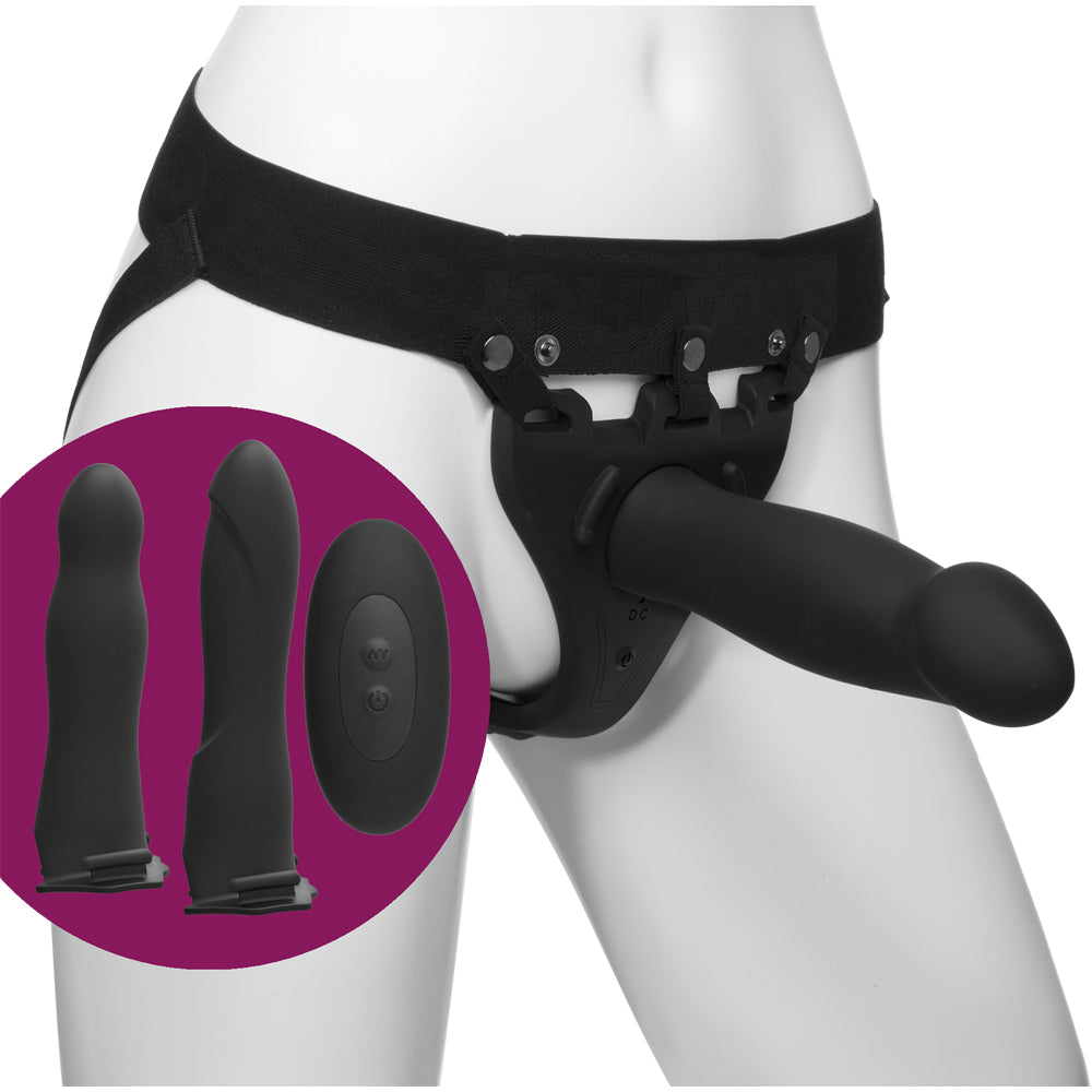 Body Extensions Be Naughty 4-Piece Set Vibrating Harness with 7" Bulbed / 7.5" Slim / 8" Large Dong Black