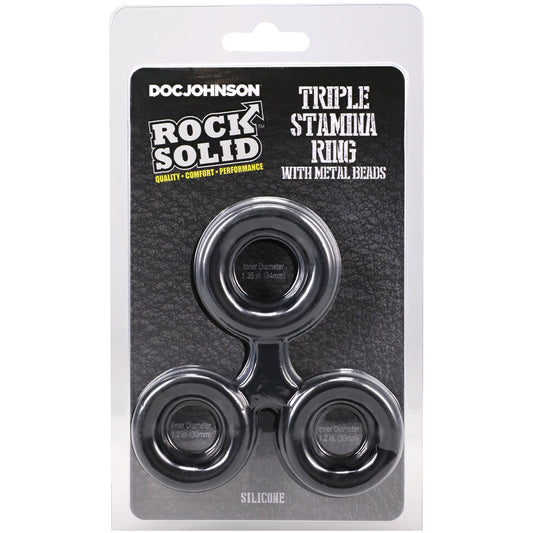 Rock Solid Silicone Triple Stamina Ring With Metal Beads Black