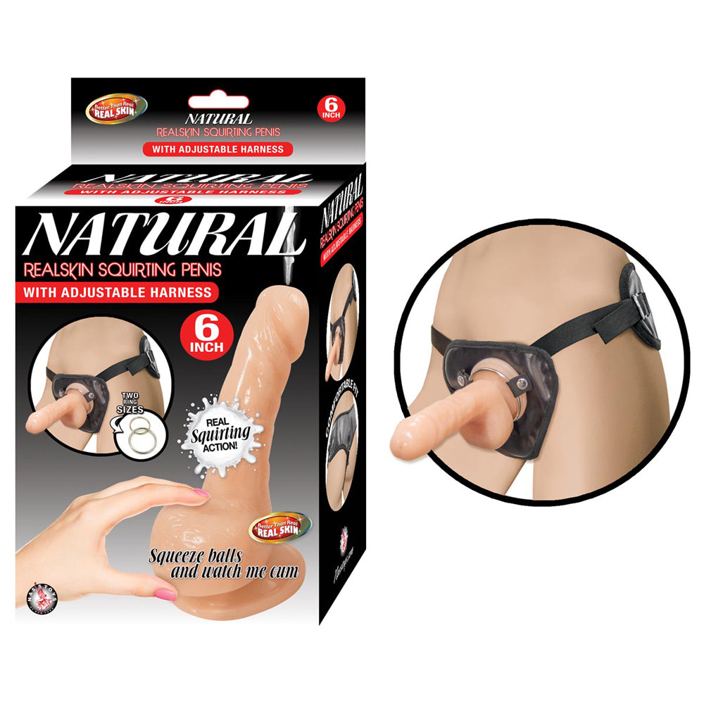 Natural Realskin Squirting Penis W/Adjustable Harness White