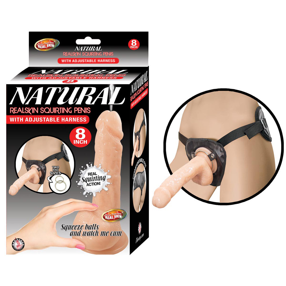 Natural Realskin Squirting Penis W/Adjustable Harness White