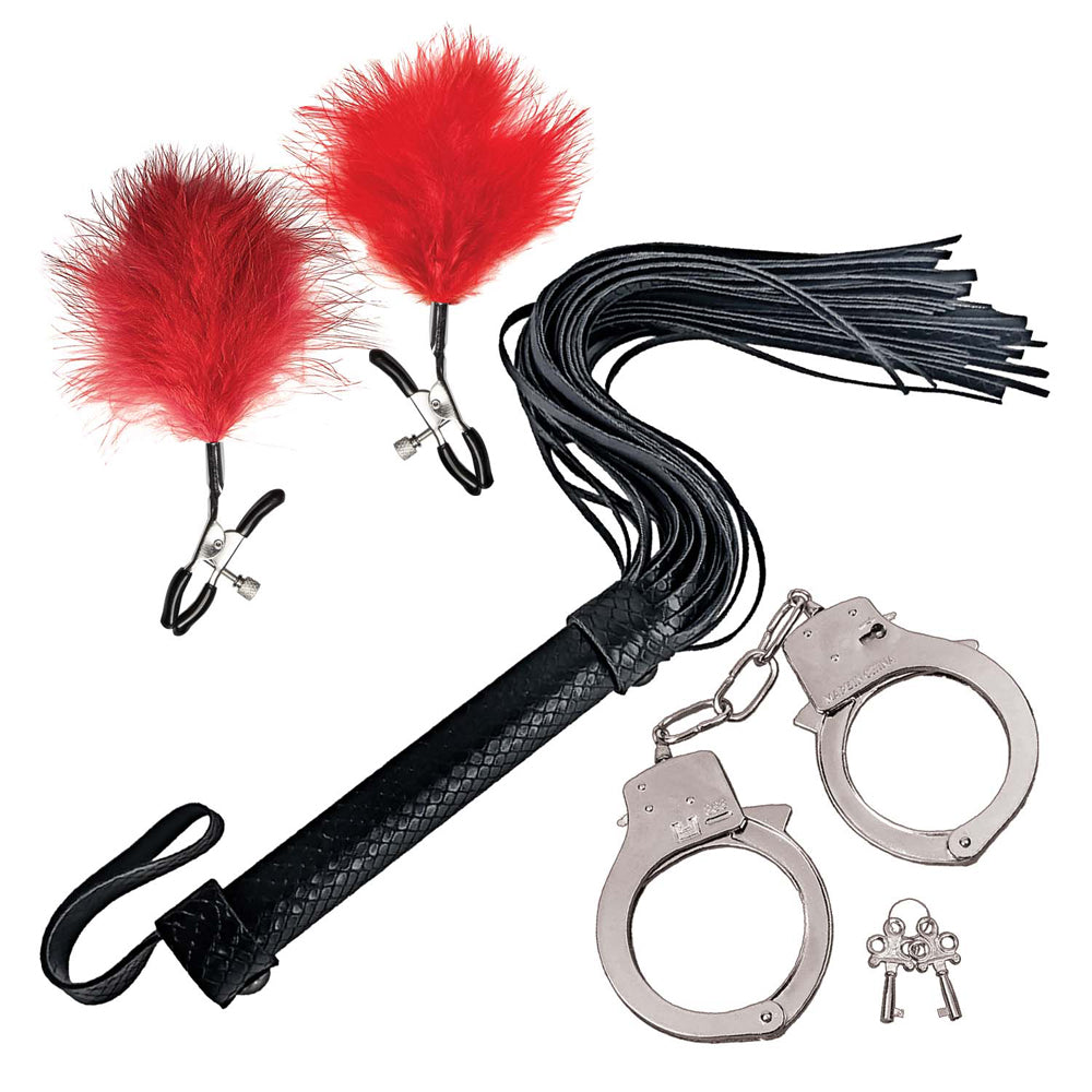 Bondage By Nasstoys Whip, Feather & Cuffs Red