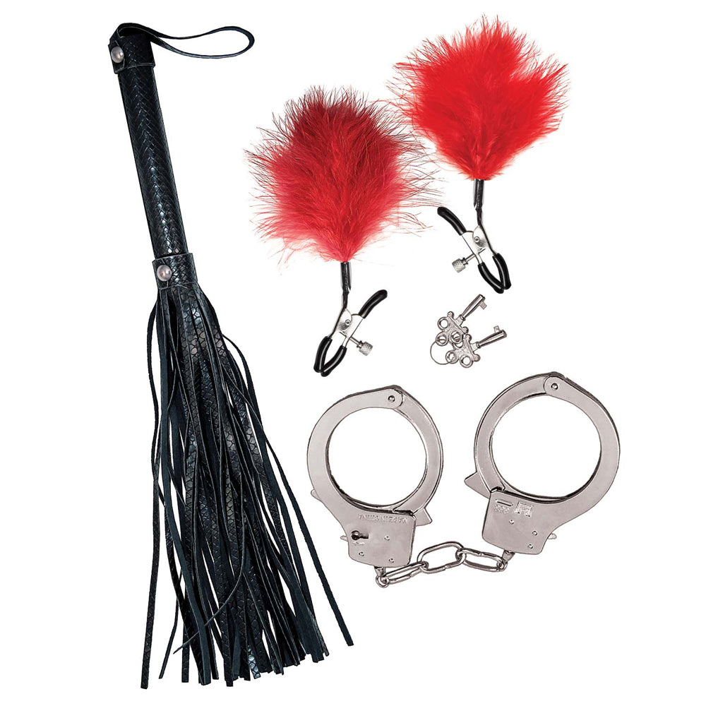 Bondage By Nasstoys Whip, Feather & Cuffs Red