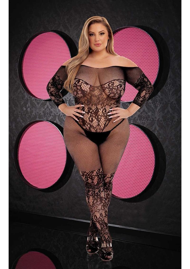 OFF-THE-SHOULDER LACE BODYSTOCKING-BLK-X