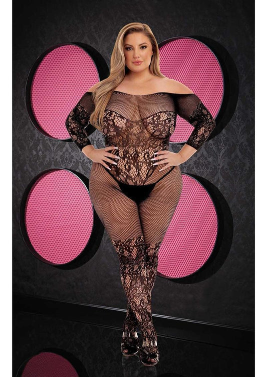 OFF-THE-SHOULDER LACE BODYSTOCKING-BLK-X