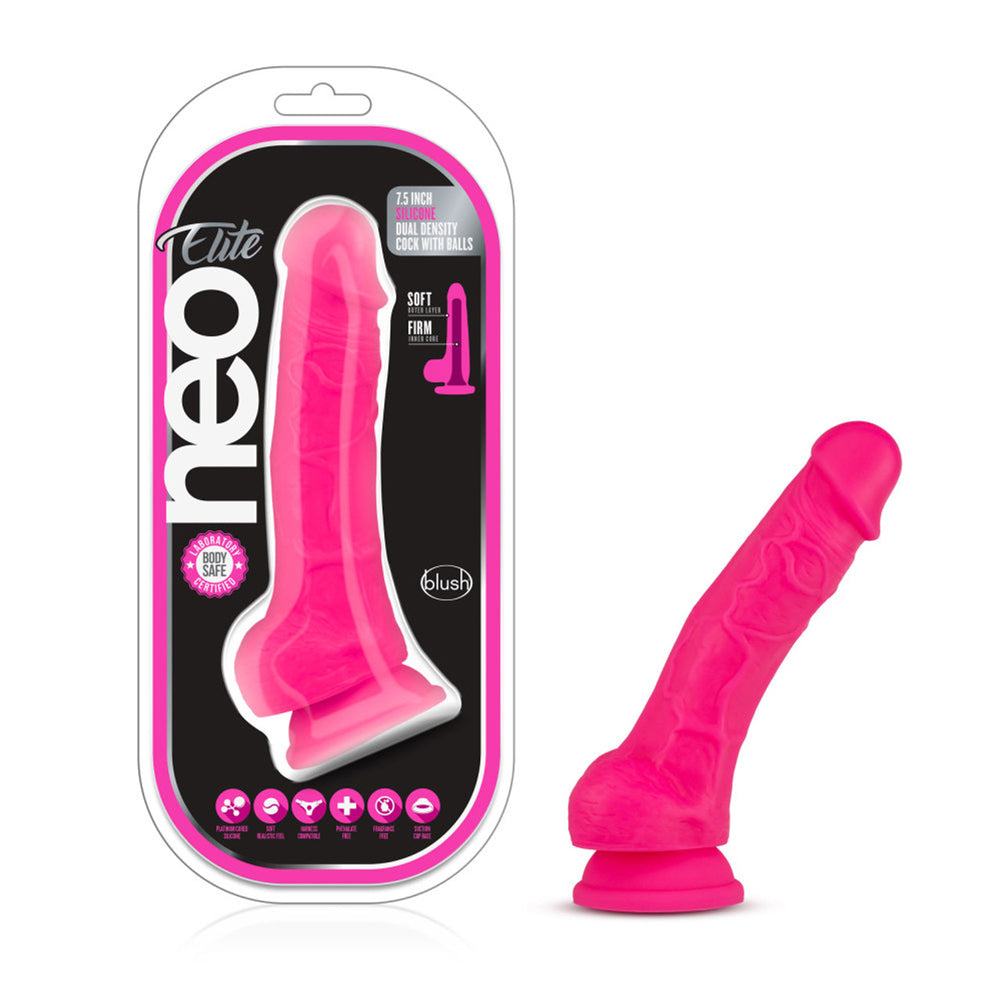 Neo Elite 7.5" Silicone Dual Density Cock With Balls Neon