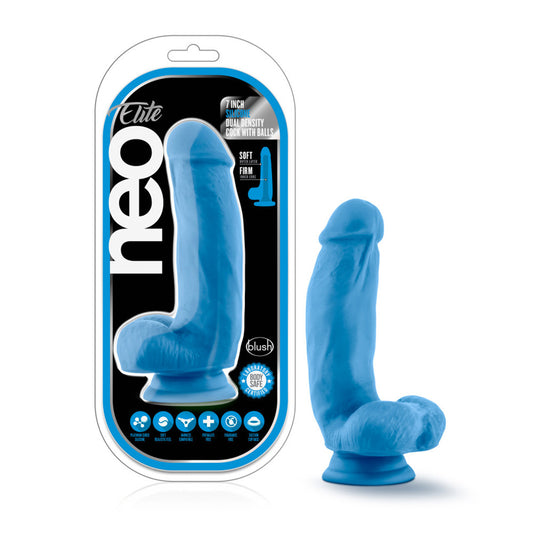 Neo Elite 7" Silicone Dual Density Cock With Balls Neon Blue