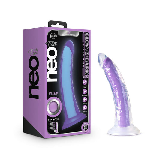 Neo Elite Glow In The Dark Light 7" Silicone Dual Density Dildo Neon Purple