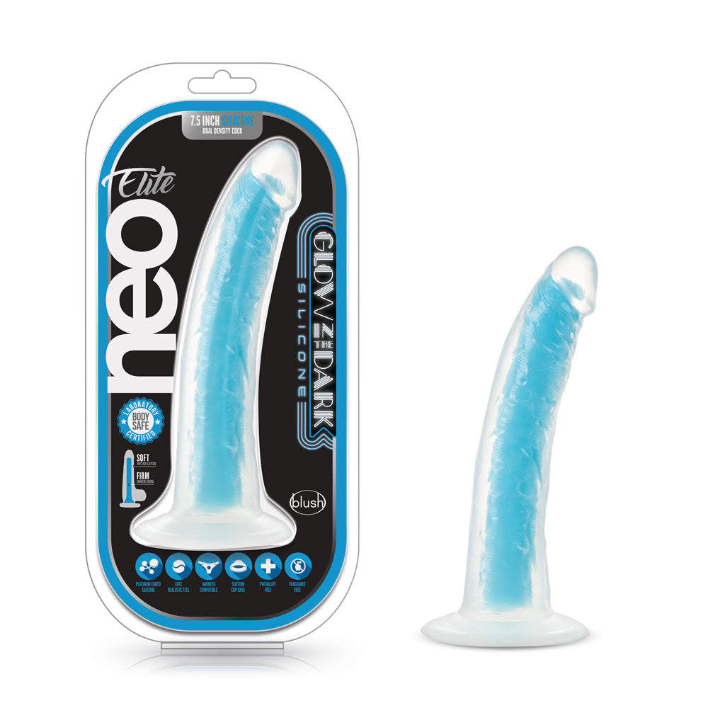 Neo Elite Glow In The Dark 7.5" Silicone Dual Density Cock With Suction Cup Neon