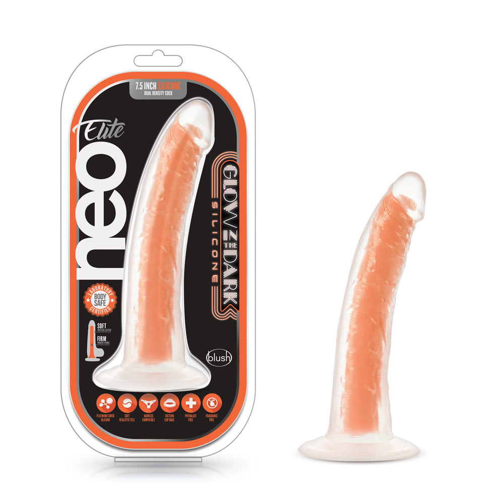 Neo Elite Glow In The Dark 7.5" Silicone Dual Density Cock With Suction Cup Neon
